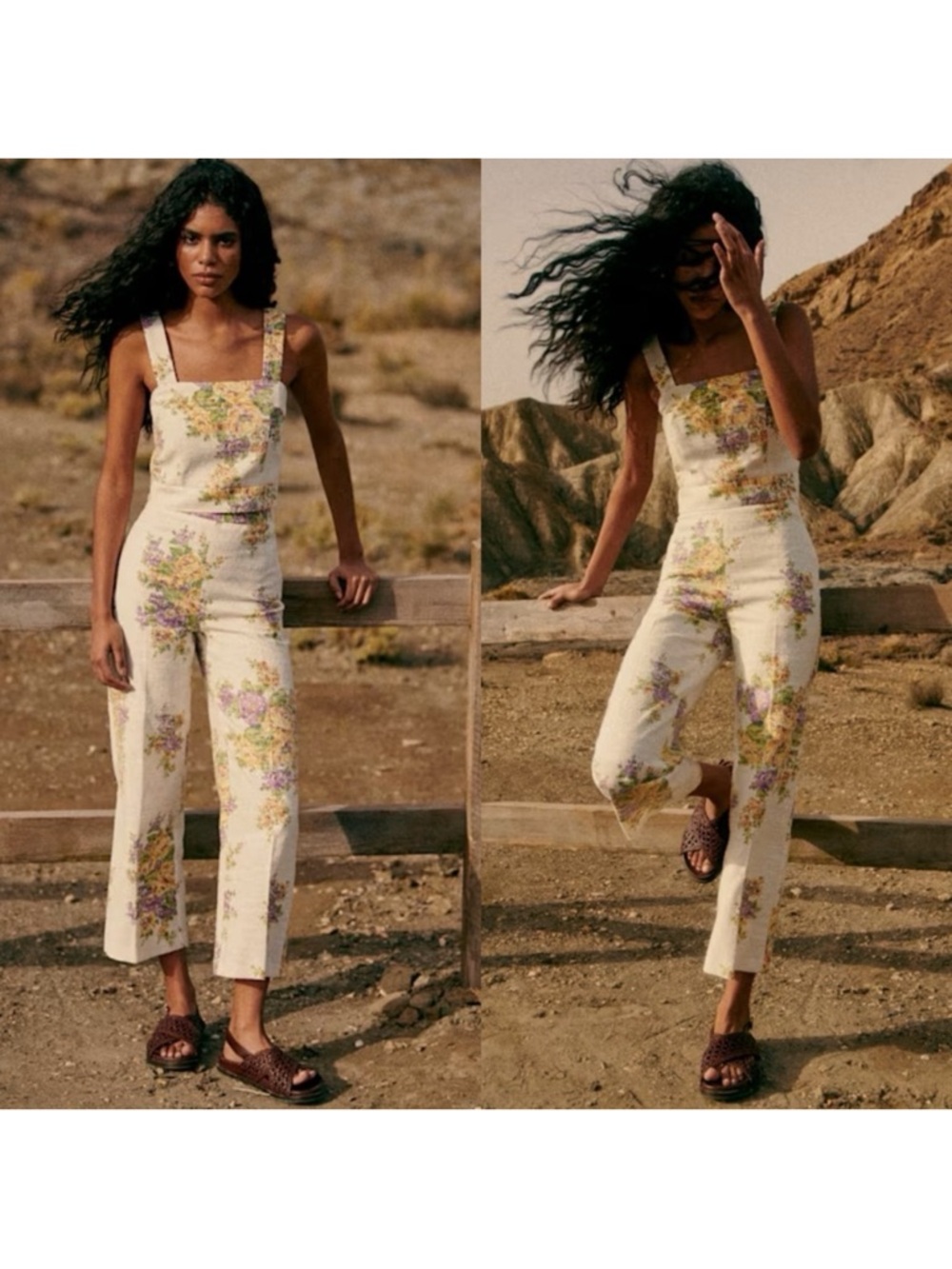 Sézane Floral Square-Neck Matching Set in Cream (Top US Size 8, Bottom Size 10)